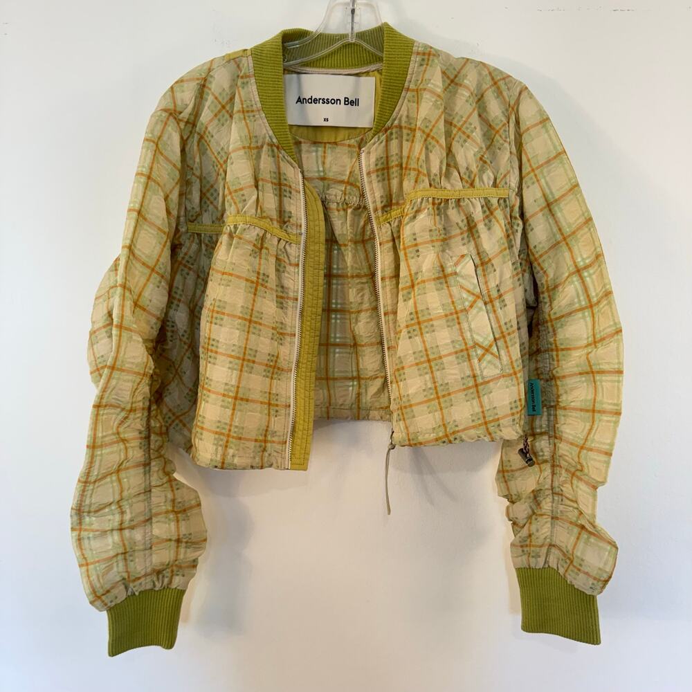 Andersson Bell Adia Sheer Seersucker Cropped Bomber Jacket XS Plaid Green Yellow